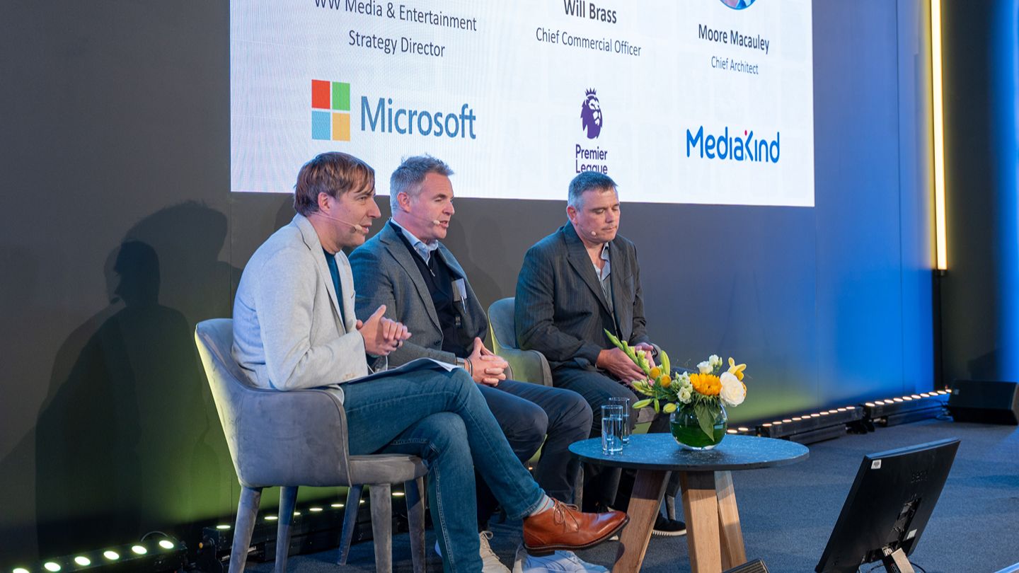 L-R: Moderator Simon Crownshaw, Worldwide Media & Entertainment Strategy Director, Microsoft; Will Brass, Chief Commercial Officer at Premier League; Moore Macauley, Chief Architect, MediaKind 	    